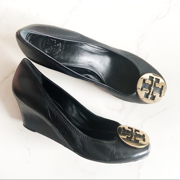 TORY BURCH Black Leather Sally Wedge with Gold